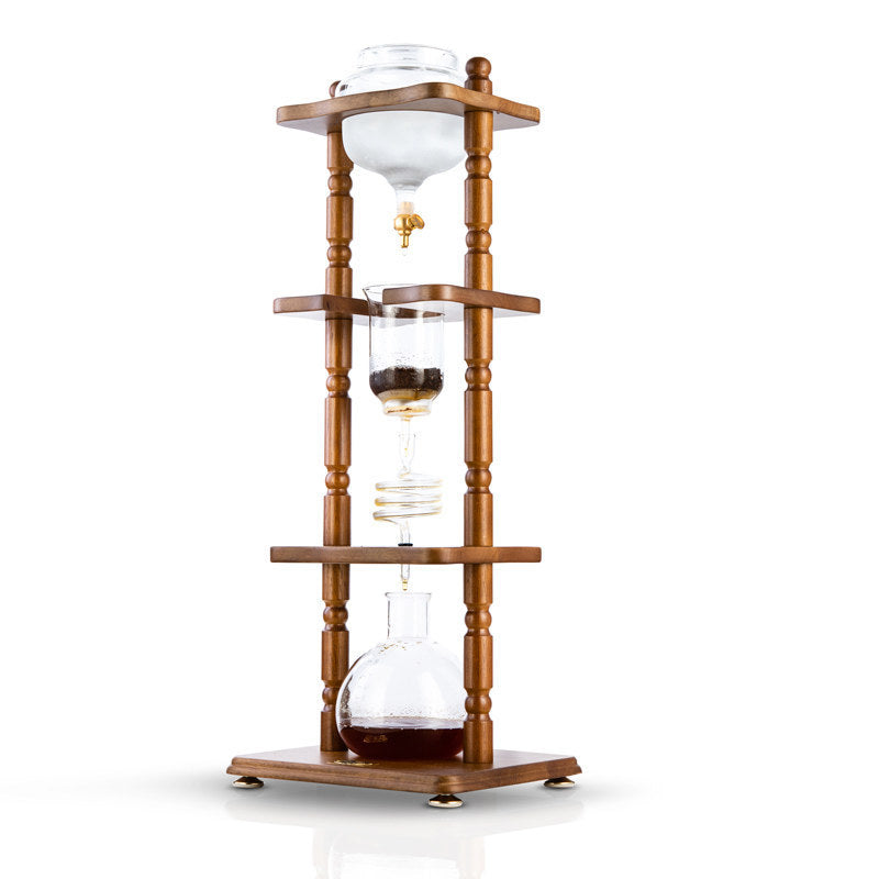 Yama Glass Cold Brew Tower – Curved Brown Wood Frame – 6–8 Cup (32 oz)